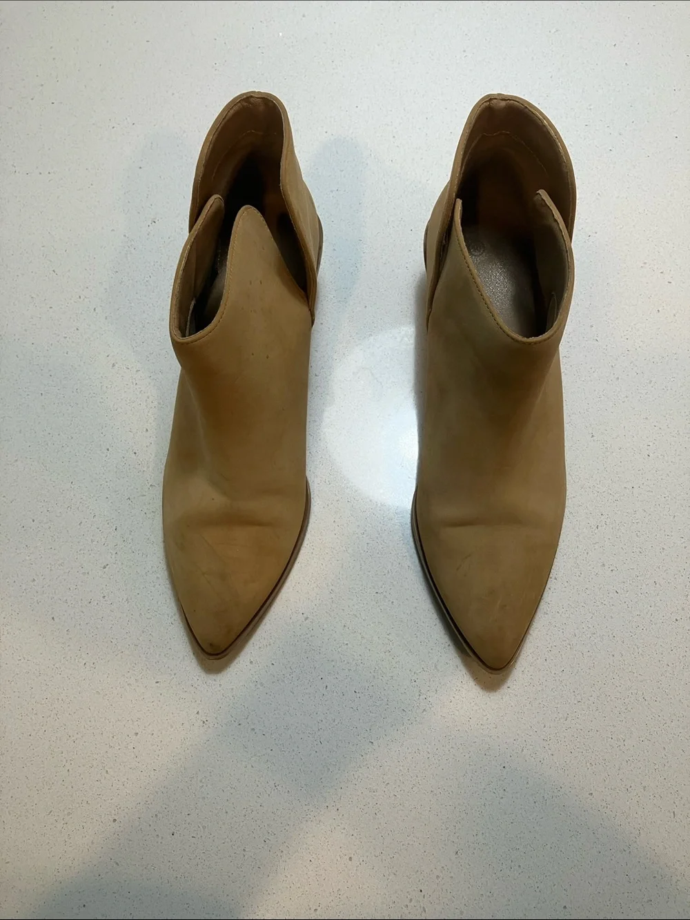 Suede Pointed Toe Ankle Booties in Light Tan